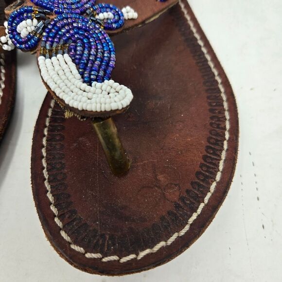 Leather Beaded BOHO Sandals Flip Flops Paisley Sz 39 Colorful Made In Africa - Picture 5 of 12